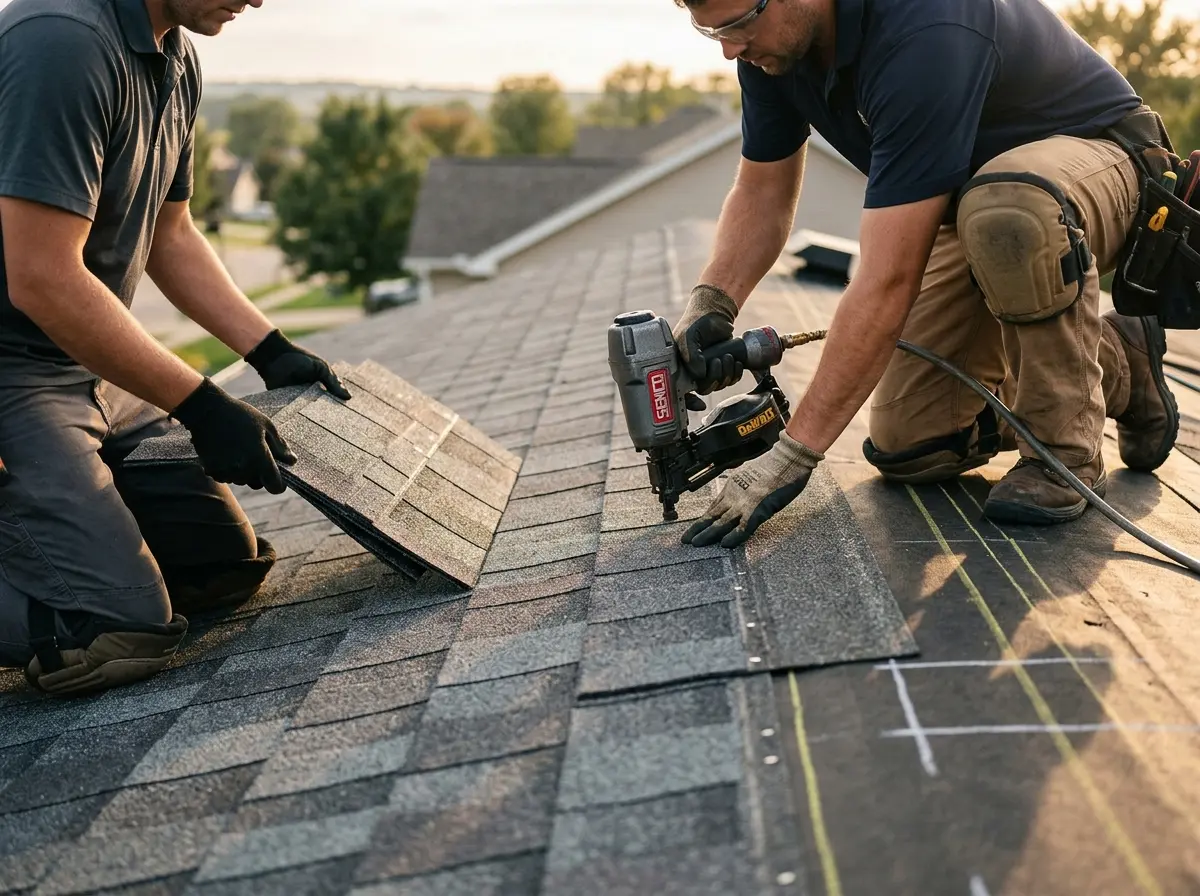 Professional roofer working on a residential roof in Beeville